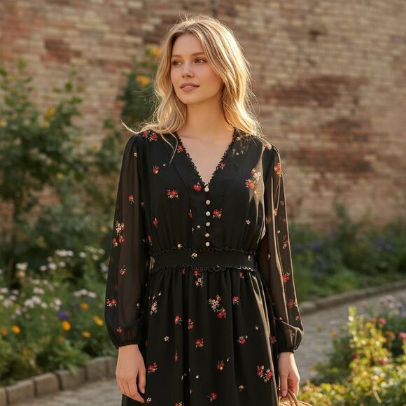 Who What Wear Black Floral Hi/Lo Handkerchief Feminine CottageCore Dress L - Picture 1 of 6